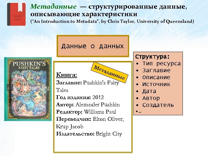 Метаданные — структурированные данные, описывающие характеристики (“An Introduction to Metadata”, by Chris Taylor, University