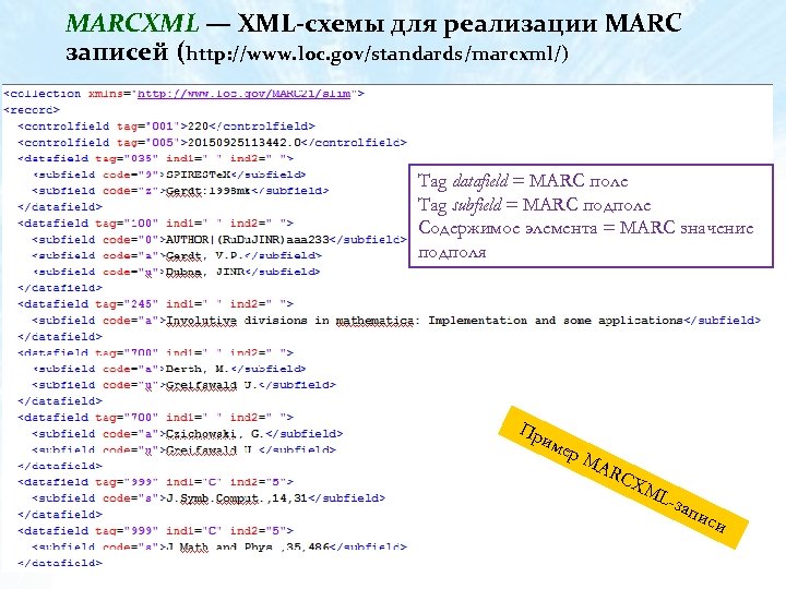 MARCXML — XML-схемы для реализации MARC записей (http: //www. loc. gov/standards/marcxml/) Tag datafield =