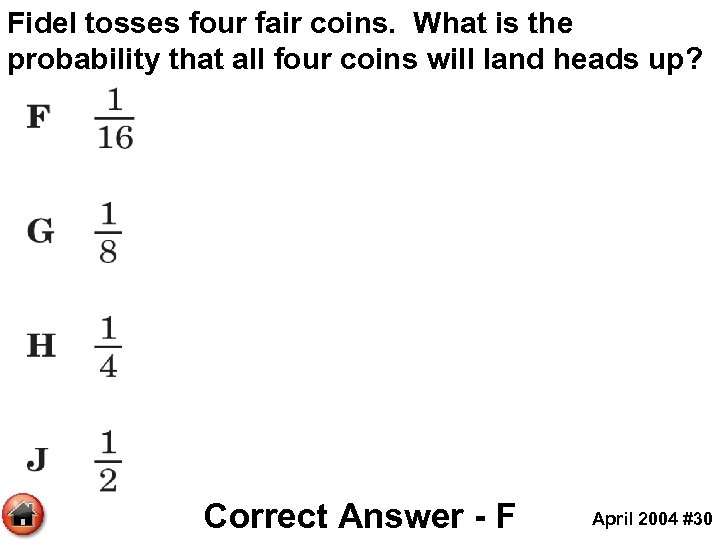 Fidel tosses four fair coins. What is the probability that all four coins will