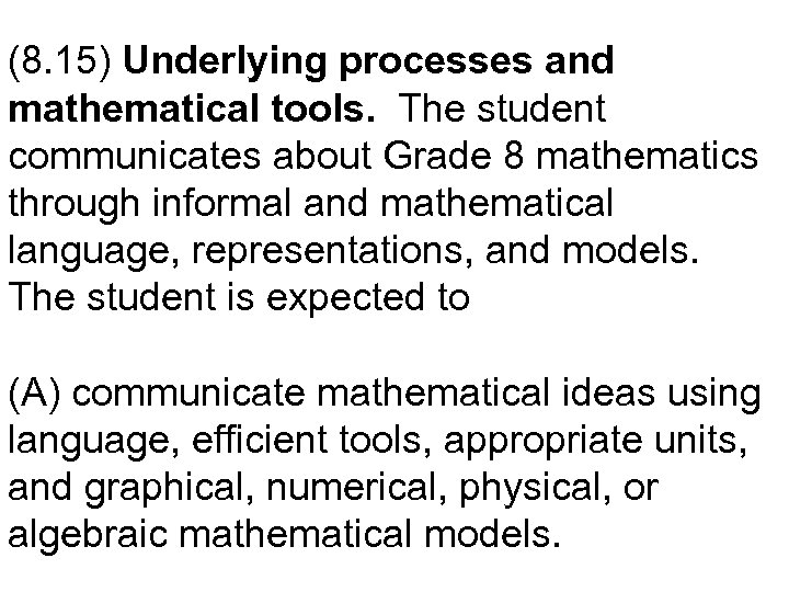 (8. 15) Underlying processes and mathematical tools. The student communicates about Grade 8 mathematics