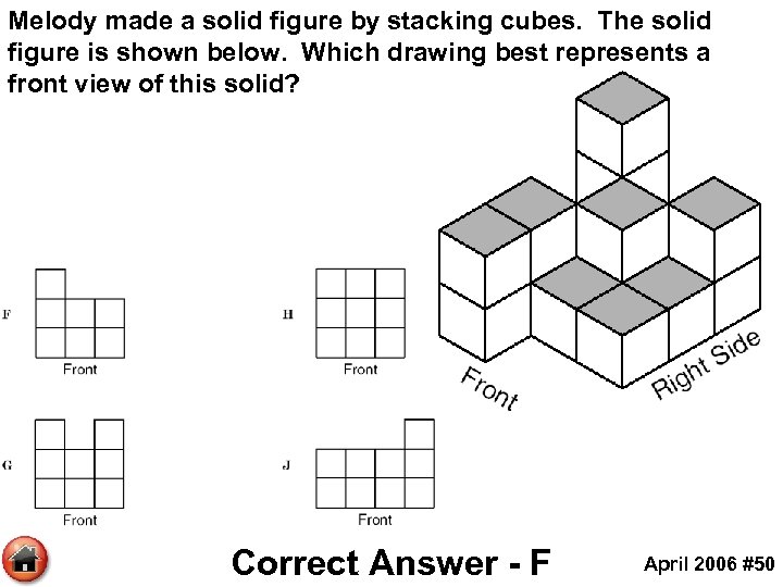 Melody made a solid figure by stacking cubes. The solid figure is shown below.