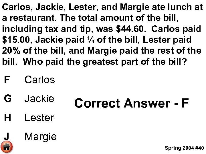 Carlos, Jackie, Lester, and Margie ate lunch at a restaurant. The total amount of