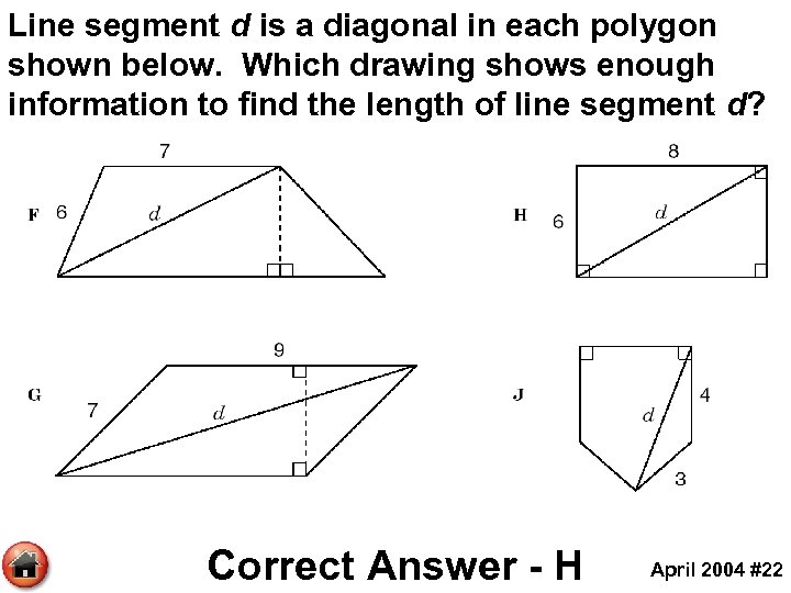 Line segment d is a diagonal in each polygon shown below. Which drawing shows