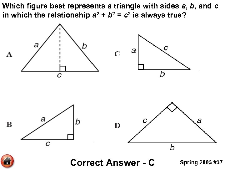 Which figure best represents a triangle with sides a, b, and c in which