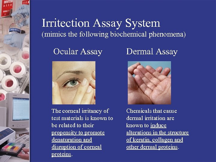 Irritection Assay System (mimics the following biochemical phenomena) Ocular Assay Dermal Assay The corneal
