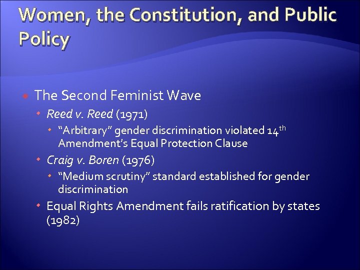 Women, the Constitution, and Public Policy The Second Feminist Wave Reed v. Reed (1971)