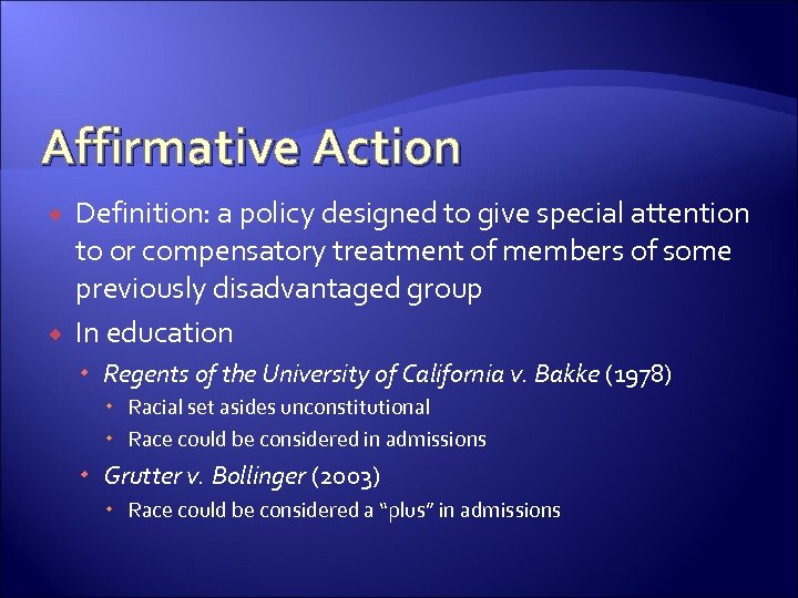 Affirmative Action Definition: a policy designed to give special attention to or compensatory treatment