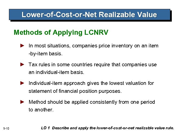 Lower-of-Cost-or-Net Realizable Value Methods of Applying LCNRV ► In most situations, companies price inventory