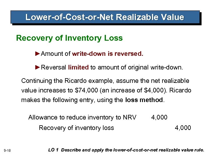 Lower-of-Cost-or-Net Realizable Value Recovery of Inventory Loss ►Amount of write-down is reversed. ►Reversal limited