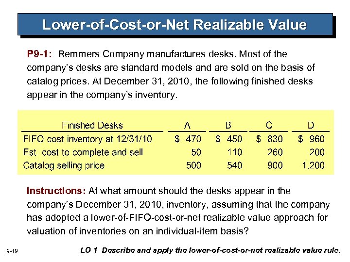 Lower-of-Cost-or-Net Realizable Value P 9 -1: Remmers Company manufactures desks. Most of the company’s