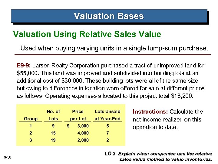 Valuation Bases Valuation Using Relative Sales Value Used when buying varying units in a