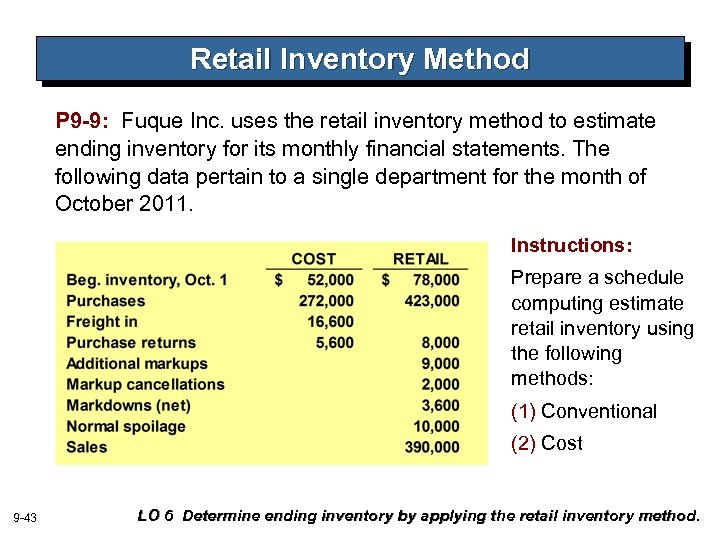 Retail Inventory Method P 9 -9: Fuque Inc. uses the retail inventory method to