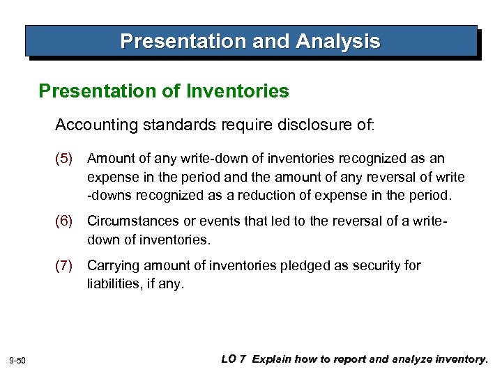 Presentation and Analysis Presentation of Inventories Accounting standards require disclosure of: (5) (6) Circumstances