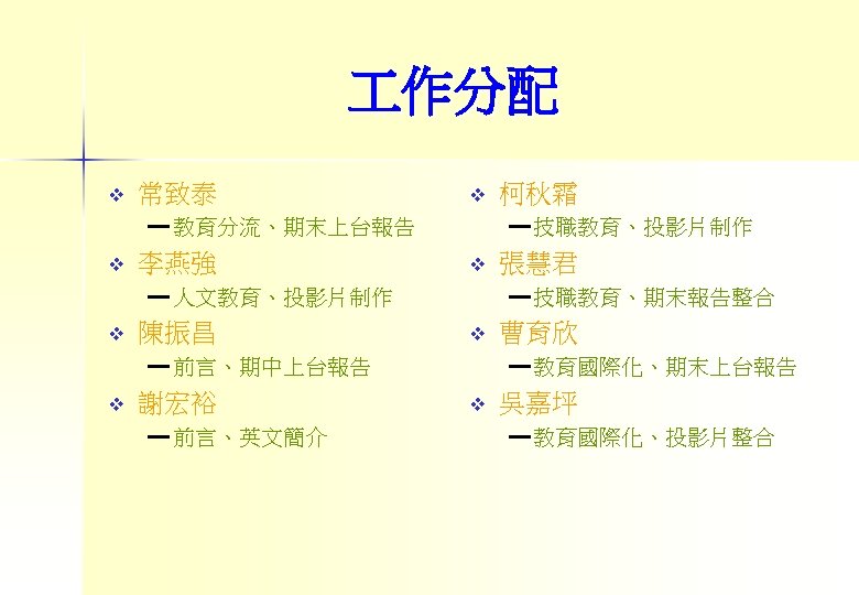  作分配 v 常致泰 v ━ 教育分流、期末上台報告 v 李燕強 ━ 技職教育、投影片制作 v ━ 人文教育、投影片制作