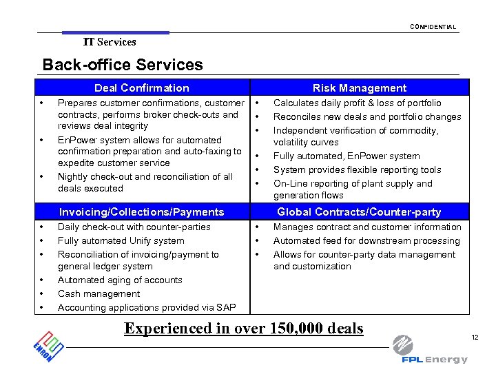 CONFIDENTIAL IT Services Back-office Services Deal Confirmation • • • Prepares customer confirmations, customer