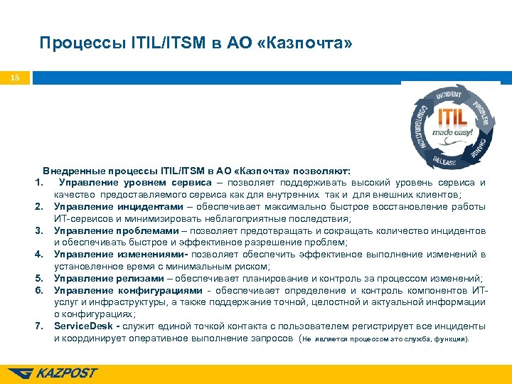 Процессы ITIL/ITSM в АО «Казпочта» 15 Внедренные процессы ITIL/ITSM в АО «Казпочта» позволяют: 1.