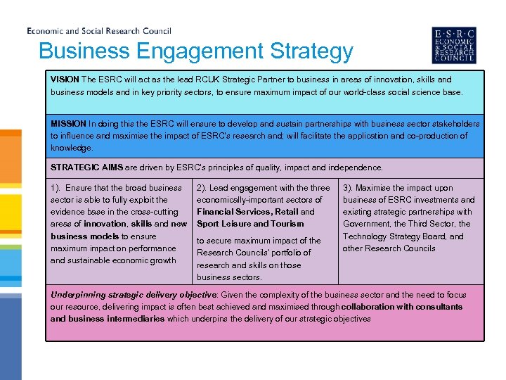 Business Engagement Strategy VISION The ESRC will act as the lead RCUK Strategic Partner