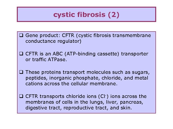 cystic fibrosis (2) q Gene product: CFTR (cystic fibrosis transmembrane conductance regulator) q CFTR