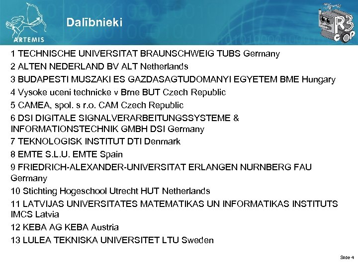 Dalībnieki 1 TECHNISCHE UNIVERSITAT BRAUNSCHWEIG TUBS Germany 2 ALTEN NEDERLAND BV ALT Netherlands 3