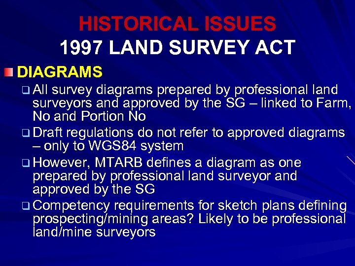 HISTORICAL ISSUES 1997 LAND SURVEY ACT DIAGRAMS q All survey diagrams prepared by professional