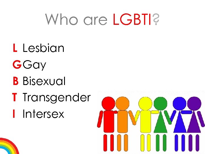 Who are LGBTI? L Lesbian GGay B Bisexual T Transgender I Intersex 