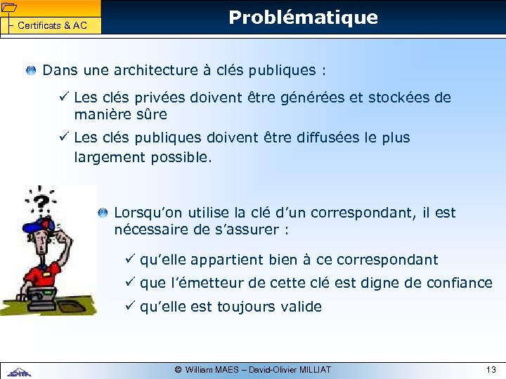 1 1 Certificats & AC Problématique Dans une architecture à clés publiques : ü