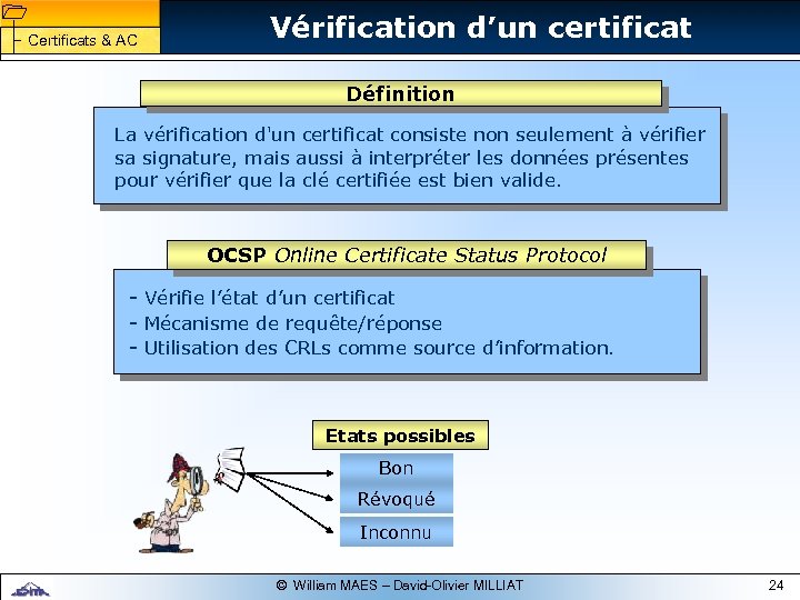 1 1 Certificats & AC Vérification d’un certificat Définition La vérification d'un certificat consiste