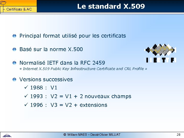 1 1 Le standard X. 509 Certificats & AC Principal format utilisé pour les