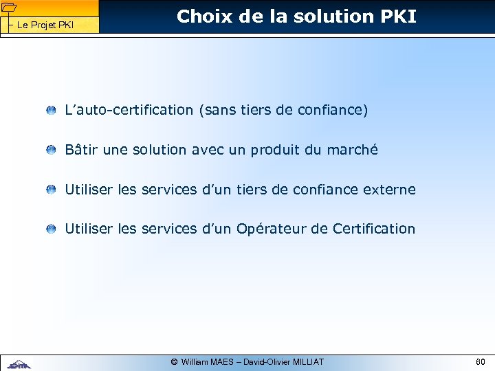 1 1 Le Projet PKI Choix de la solution PKI L’auto-certification (sans tiers de