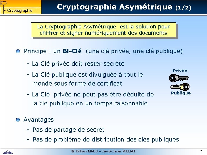 1 1 Cryptographie Asymétrique Cryptographie (1/2) La Cryptographie Asymétrique est la solution pour chiffrer