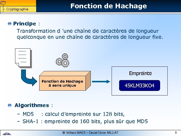 1 1 Fonction de Hachage Cryptographie Principe : Transformation d ’une chaîne de caractères