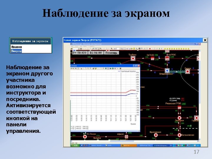 Наблюдение за экраном другого участника возможно для инструктора и посредника. Активизируется соответствующей кнопкой на