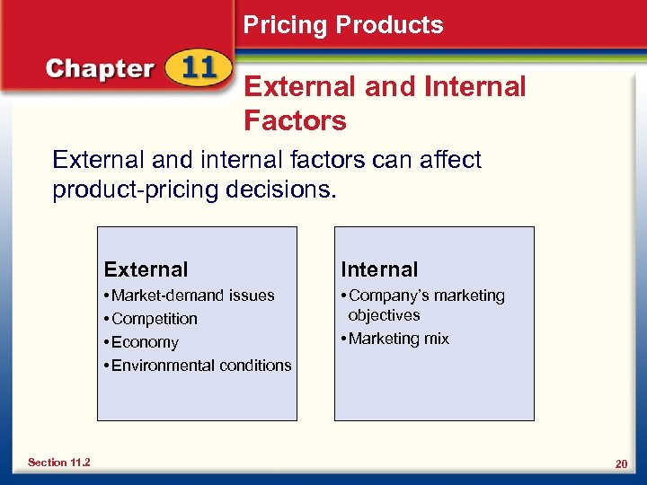 Pricing Products External and Internal Factors External and internal factors can affect product-pricing decisions.