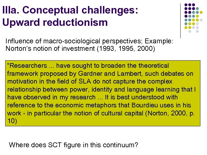 IIIa. Conceptual challenges: Upward reductionism Influence of macro-sociological perspectives; Example: Norton’s notion of investment
