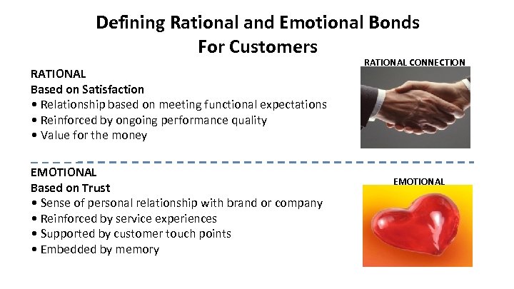 Defining Rational and Emotional Bonds For Customers RATIONAL Based on Satisfaction • Relationship based