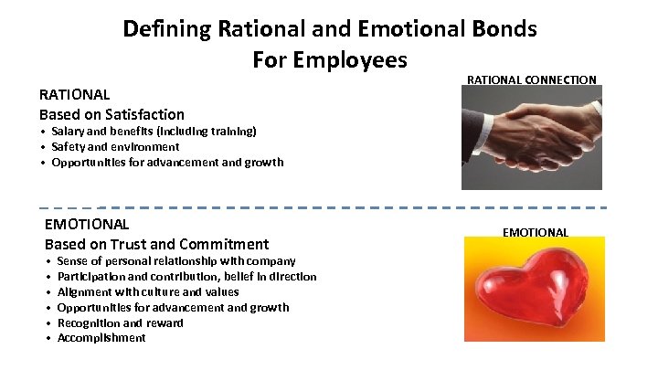 Defining Rational and Emotional Bonds For Employees RATIONAL Based on Satisfaction RATIONAL CONNECTION •