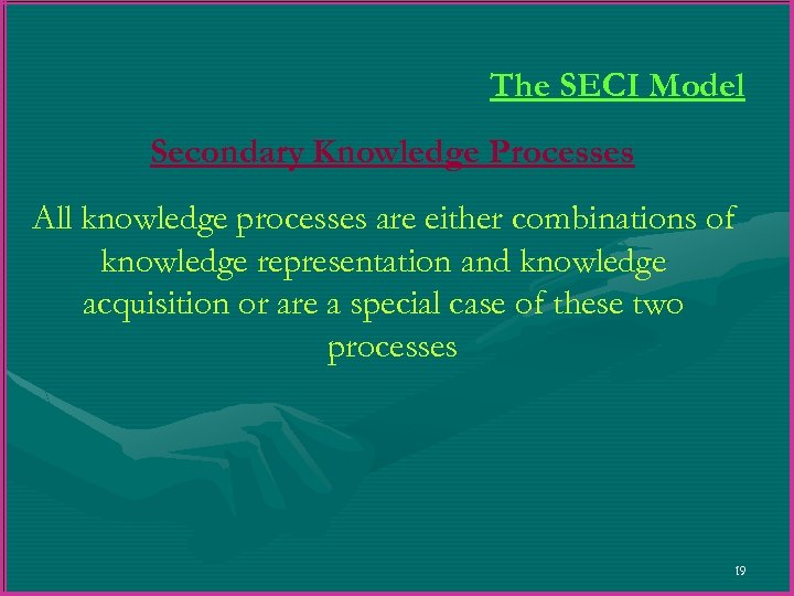The SECI Model Secondary Knowledge Processes All knowledge processes are either combinations of knowledge