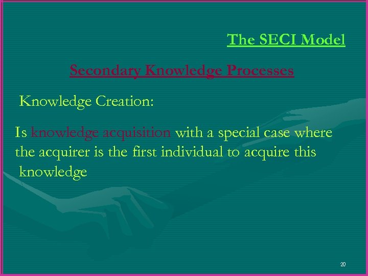 The SECI Model Secondary Knowledge Processes Knowledge Creation: Is knowledge acquisition with a special