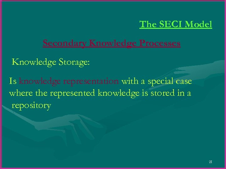 The SECI Model Secondary Knowledge Processes Knowledge Storage: Is knowledge representation with a special