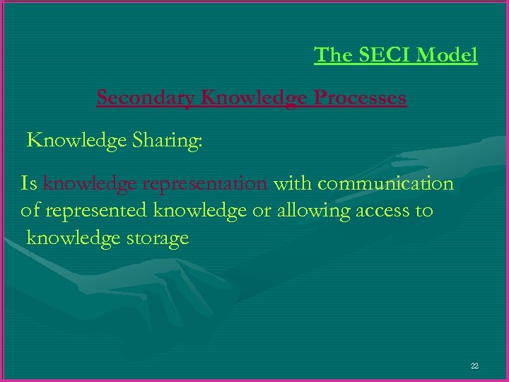 The SECI Model Secondary Knowledge Processes Knowledge Sharing: Is knowledge representation with communication of