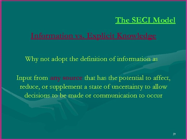 The SECI Model Information vs. Explicit Knowledge Why not adopt the definition of information