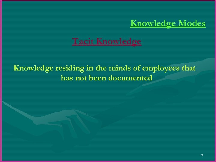 Knowledge Modes Tacit Knowledge residing in the minds of employees that has not been