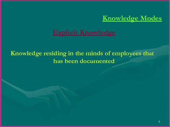 Knowledge Modes Explicit Knowledge residing in the minds of employees that has been documented