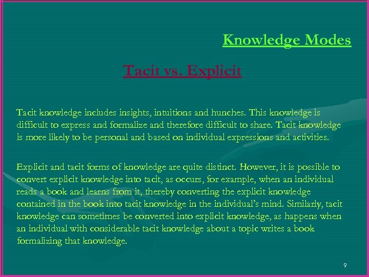 Knowledge Modes Tacit vs. Explicit Tacit knowledge includes insights, intuitions and hunches. This knowledge