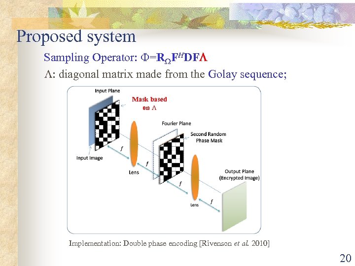 Proposed system Sampling Operator: =R FHDF : diagonal matrix made from the Golay sequence;