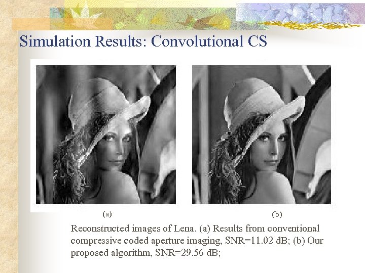 Simulation Results: Convolutional CS (a) (b) Reconstructed images of Lena. (a) Results from conventional