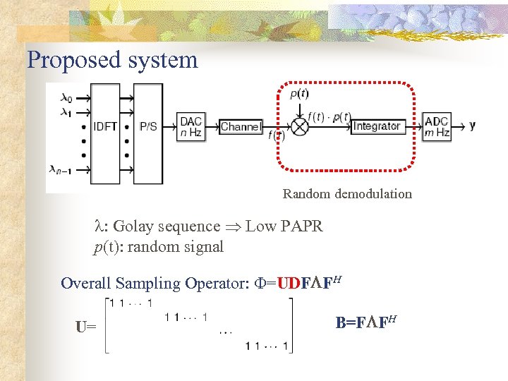 Proposed system Random demodulation : Golay sequence Low PAPR p(t): random signal Overall Sampling