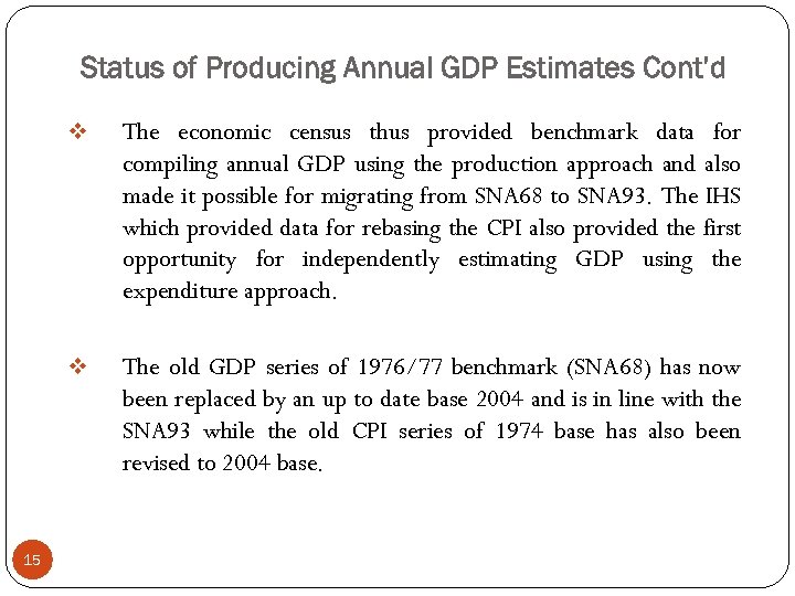Status of Producing Annual GDP Estimates Cont’d v v 15 The economic census thus