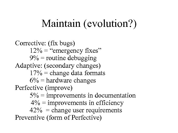 Maintain (evolution? ) Corrective: (fix bugs) 12% = “emergency fixes” 9% = routine debugging