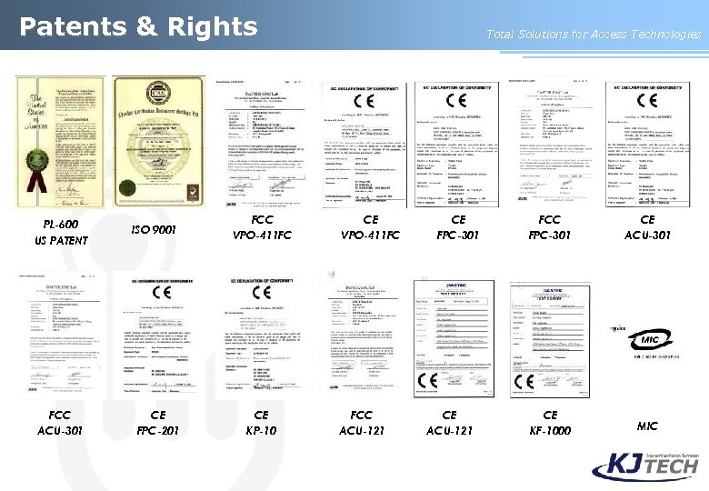 Patents & Rights PL-600 US PATENT FCC ACU-301 ISO 9001 CE FPC-201 FCC VPO-411